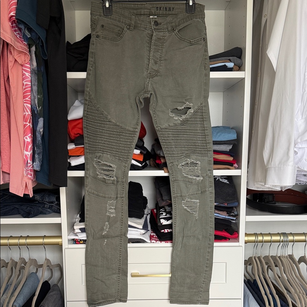 SKINN Olive Skinny Jeans with Distressed Details